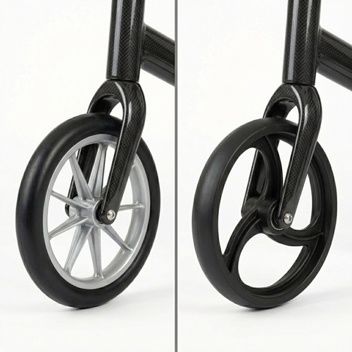 Vergleich von Outdoor-Softrädern und Standard-Hartgummirädern bei Rollatoren